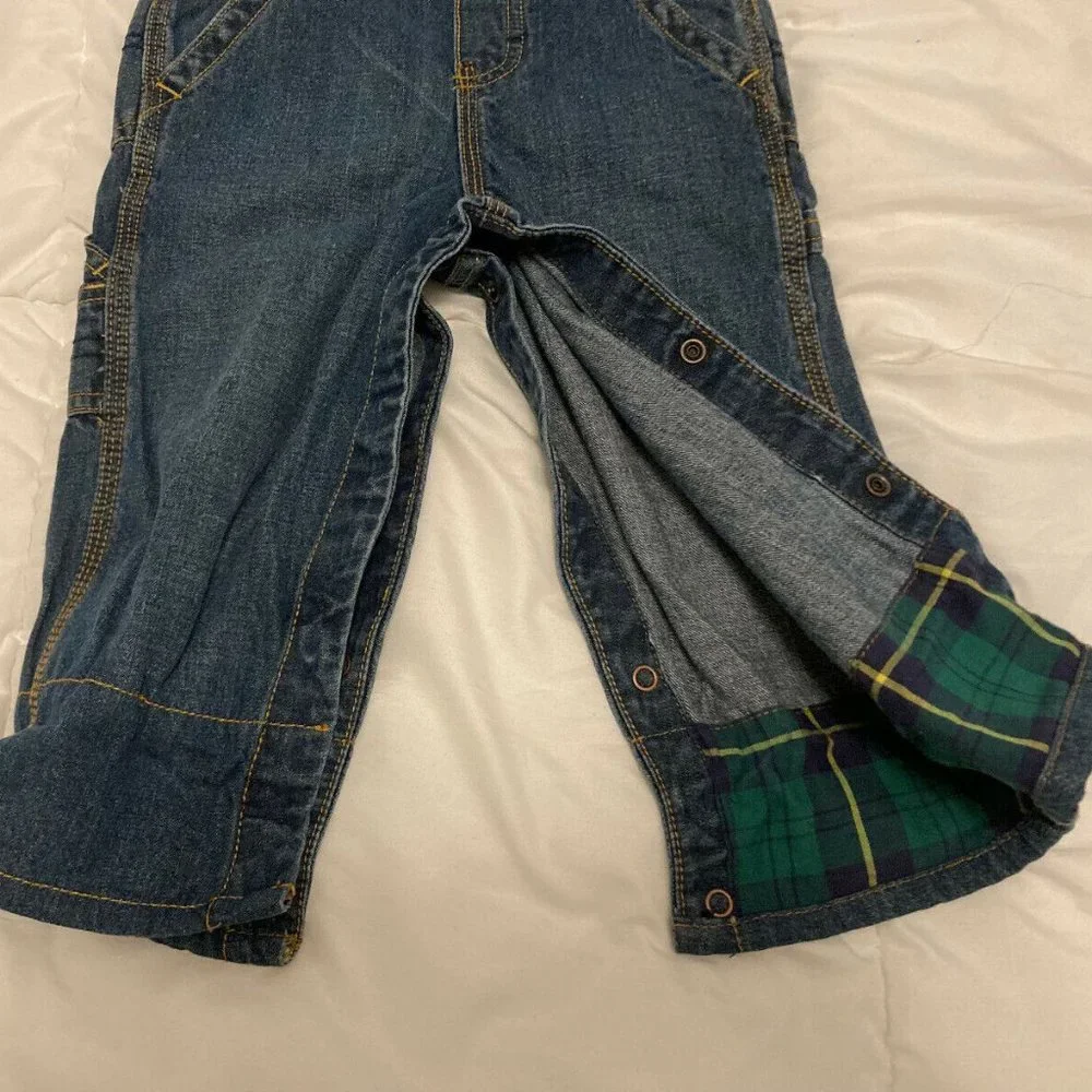 OshKosh Kids 18M Blue Jean Denim Green Plaid Check Lined Cuff Overalls